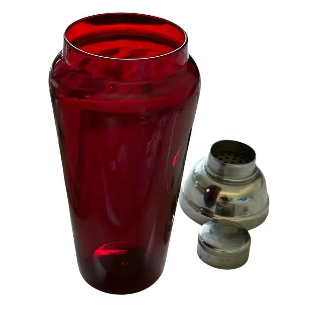 Vintage Ruby Red blown glass Mid Century Modern chrome topper martini shaker
